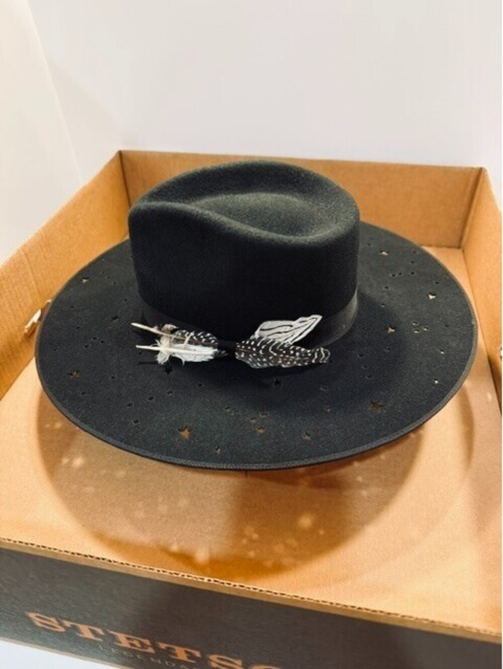 Stetson Black Wool Felt Fedora Hat Star Perforated Brim Feather Band Small W Box